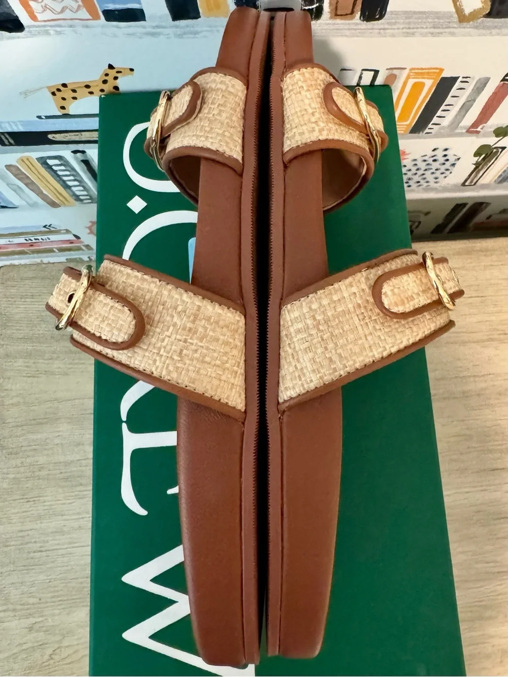 J. Crew Kira Double Strap Footbed Slides in Saddle Brown and Raffia Size 8 - NEW